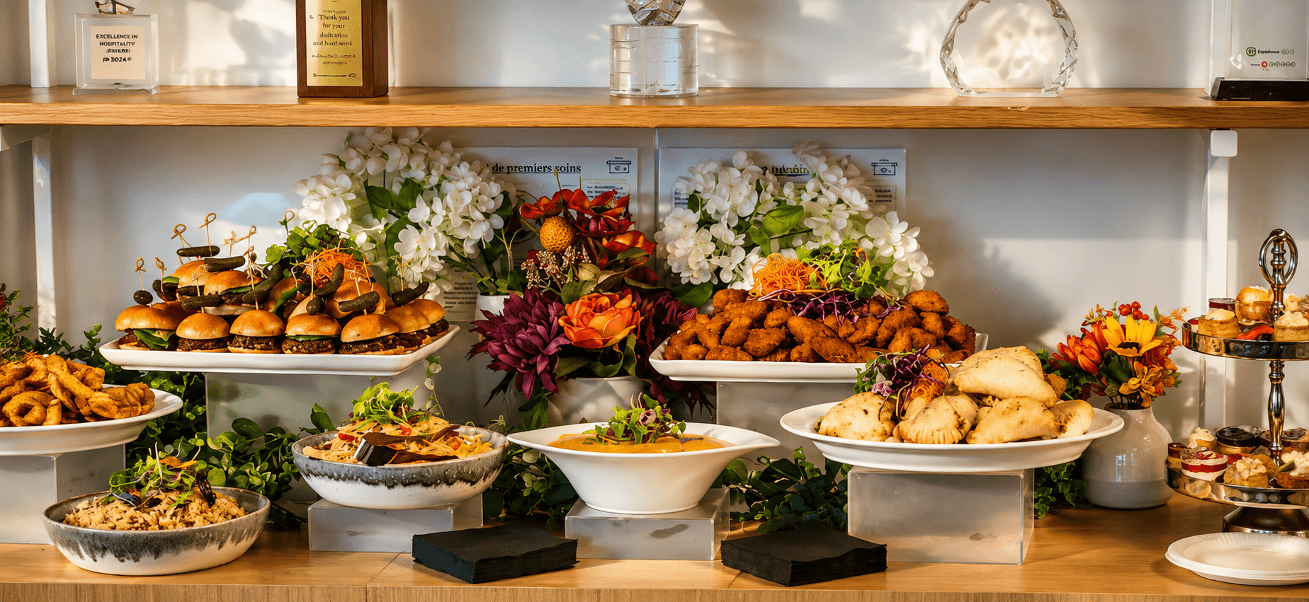 A colourful catered buffet arranged with savoury dishes
